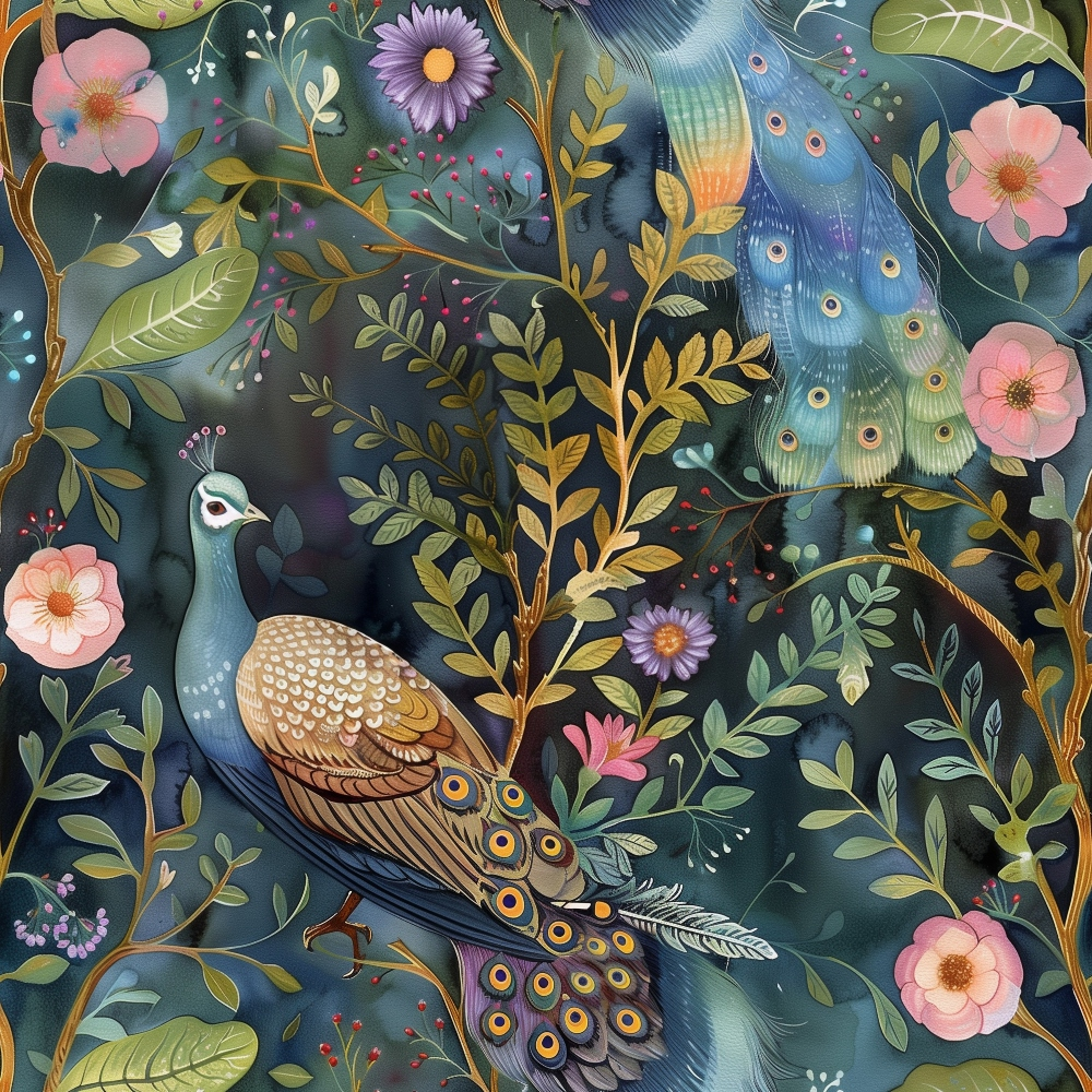 Illustrated peacock amid colorful flowers and foliage with a dark background.