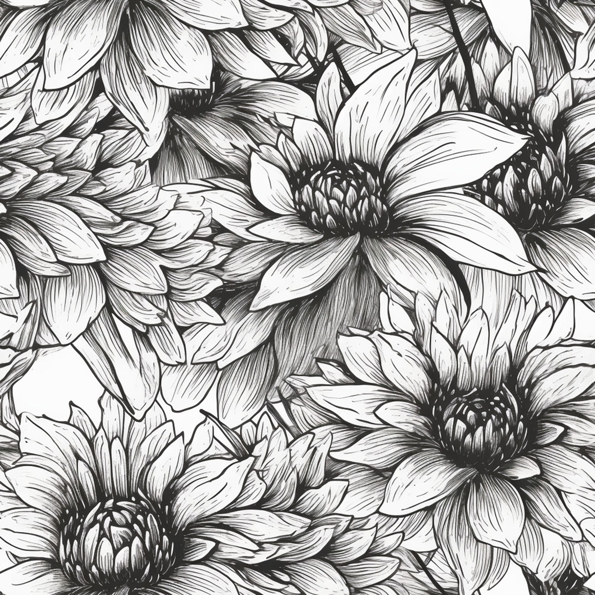 Peonies Pencil Sketched Pattern 1 Quilting Cotton Fabric
