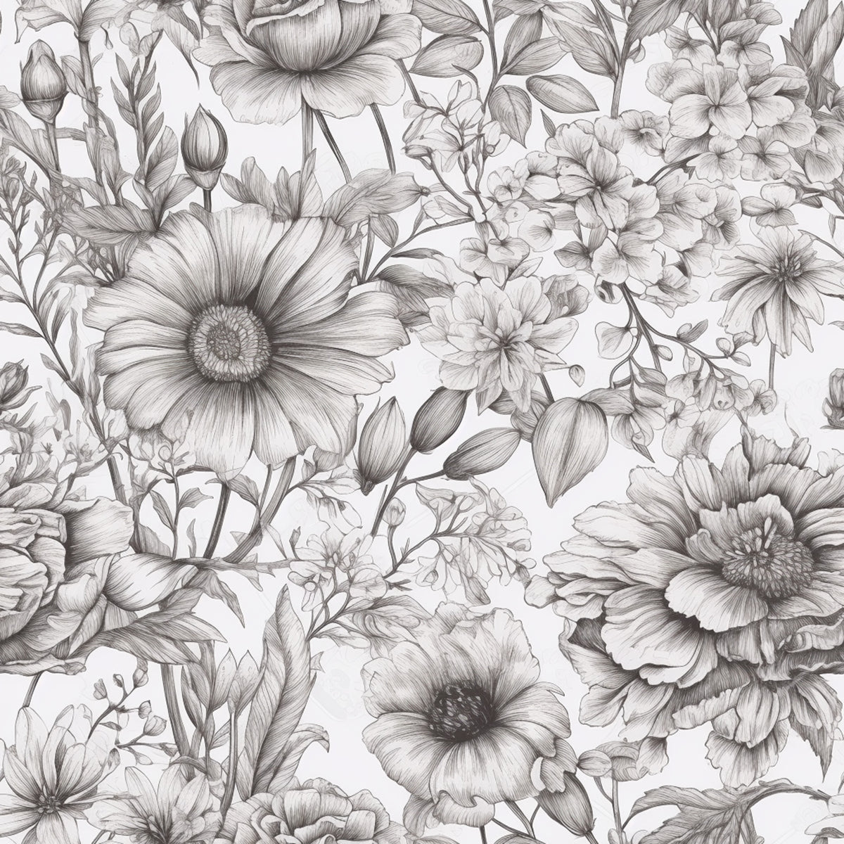 Peonies Pencil Sketched Pattern 10 Quilting Cotton Fabric