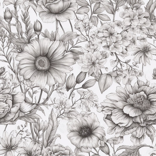 Peonies Pencil Sketched Pattern 10 Quilting Cotton Fabric
