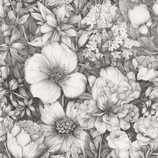 Peonies Pencil Sketched Pattern 12 Quilting Cotton Fabric