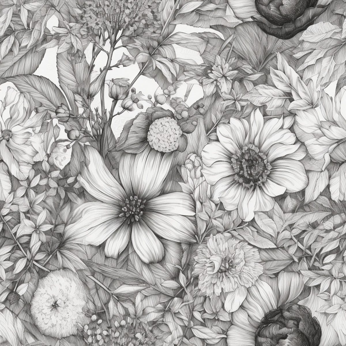 Peonies Pencil Sketched Pattern 13 Quilting Cotton Fabric