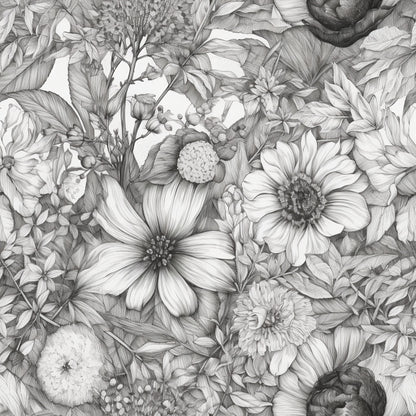 Peonies Pencil Sketched Pattern 13 Quilting Cotton Fabric