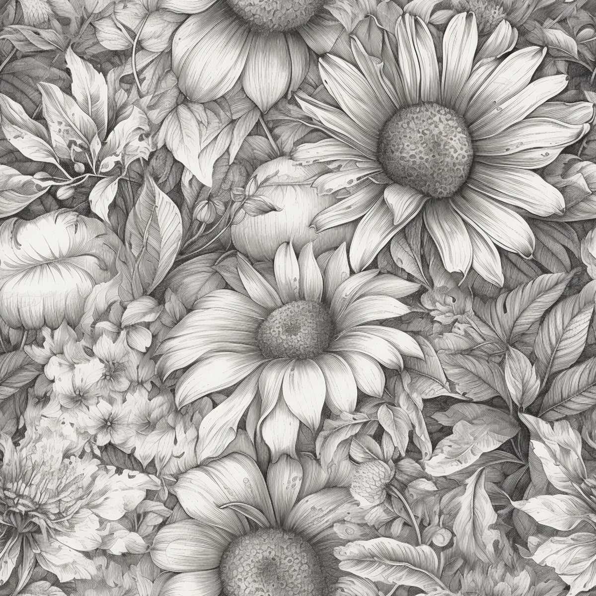 Peonies Pencil Sketched Pattern 14 Quilting Cotton Fabric