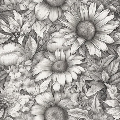 Peonies Pencil Sketched Pattern 14 Quilting Cotton Fabric