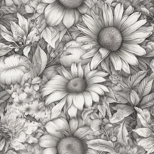 Peonies Pencil Sketched Pattern 14 Quilting Cotton Fabric