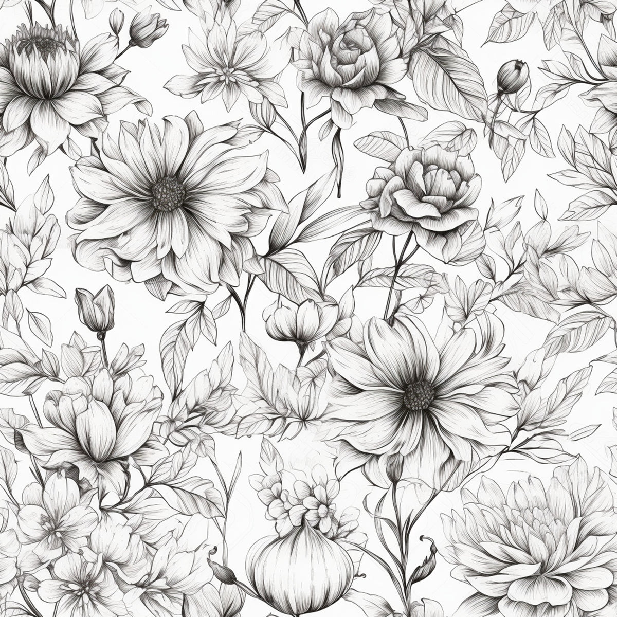 Peonies Pencil Sketched Pattern 15 Quilting Cotton Fabric
