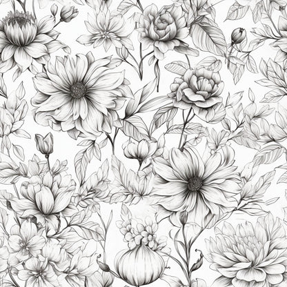 Peonies Pencil Sketched Pattern 15 Quilting Cotton Fabric