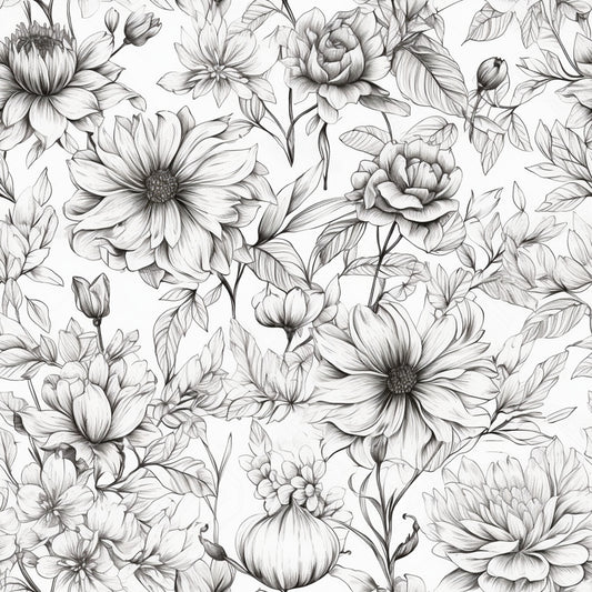 Peonies Pencil Sketched Pattern 15 Quilting Cotton Fabric