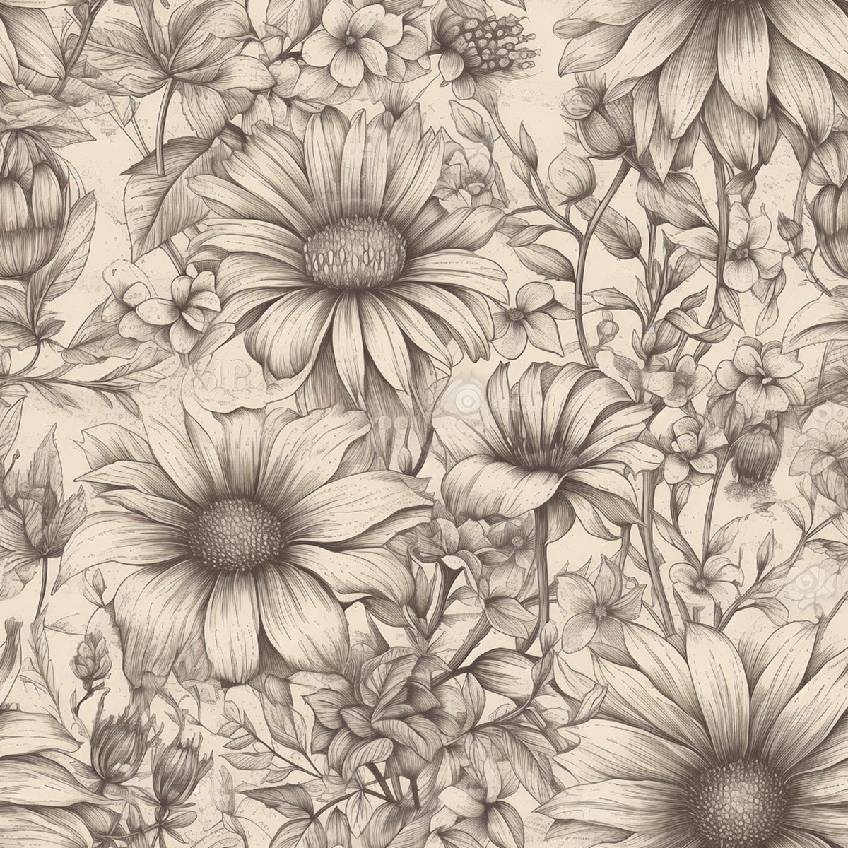 Peonies Pencil Sketched Pattern 16 Quilting Cotton Fabric