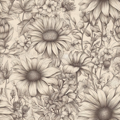 Peonies Pencil Sketched Pattern 16 Quilting Cotton Fabric