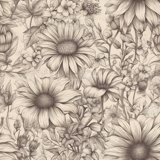 Peonies Pencil Sketched Pattern 16 Quilting Cotton Fabric