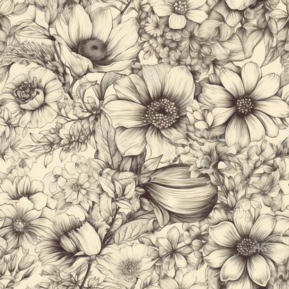 Peonies Pencil Sketched Pattern 17 Quilting Cotton Fabric