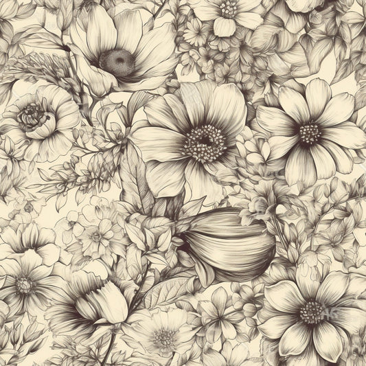 Peonies Pencil Sketched Pattern 17 Quilting Cotton Fabric