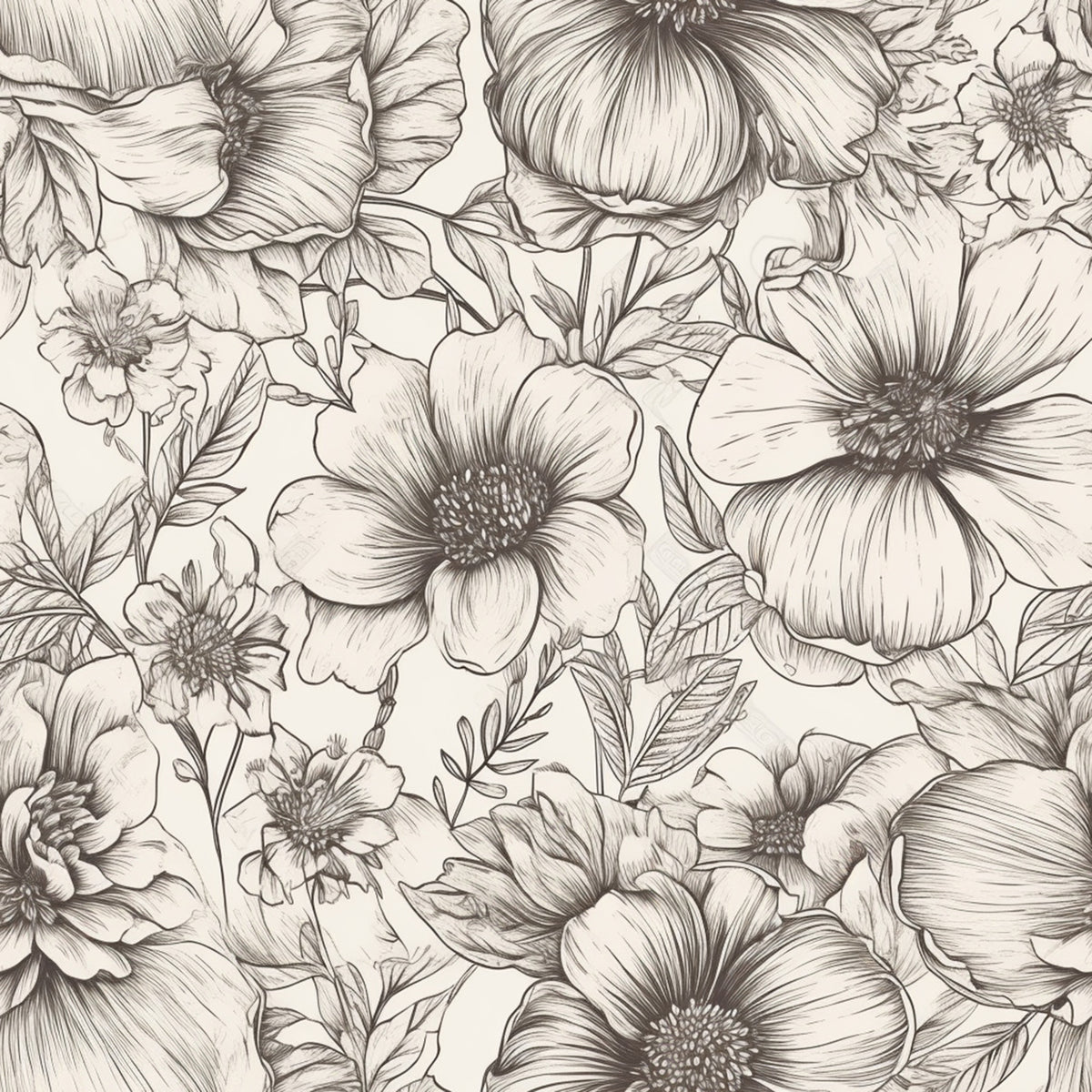 Peonies Pencil Sketched Pattern 18 Quilting Cotton Fabric