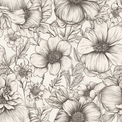 Peonies Pencil Sketched Pattern 18 Quilting Cotton Fabric