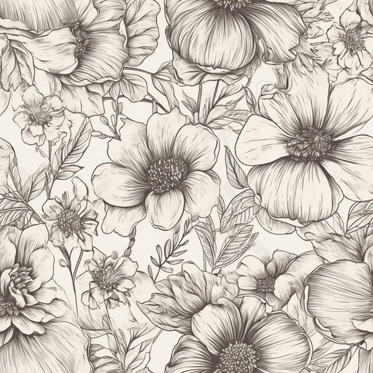 Peonies Pencil Sketched Pattern 18 Quilting Cotton Fabric