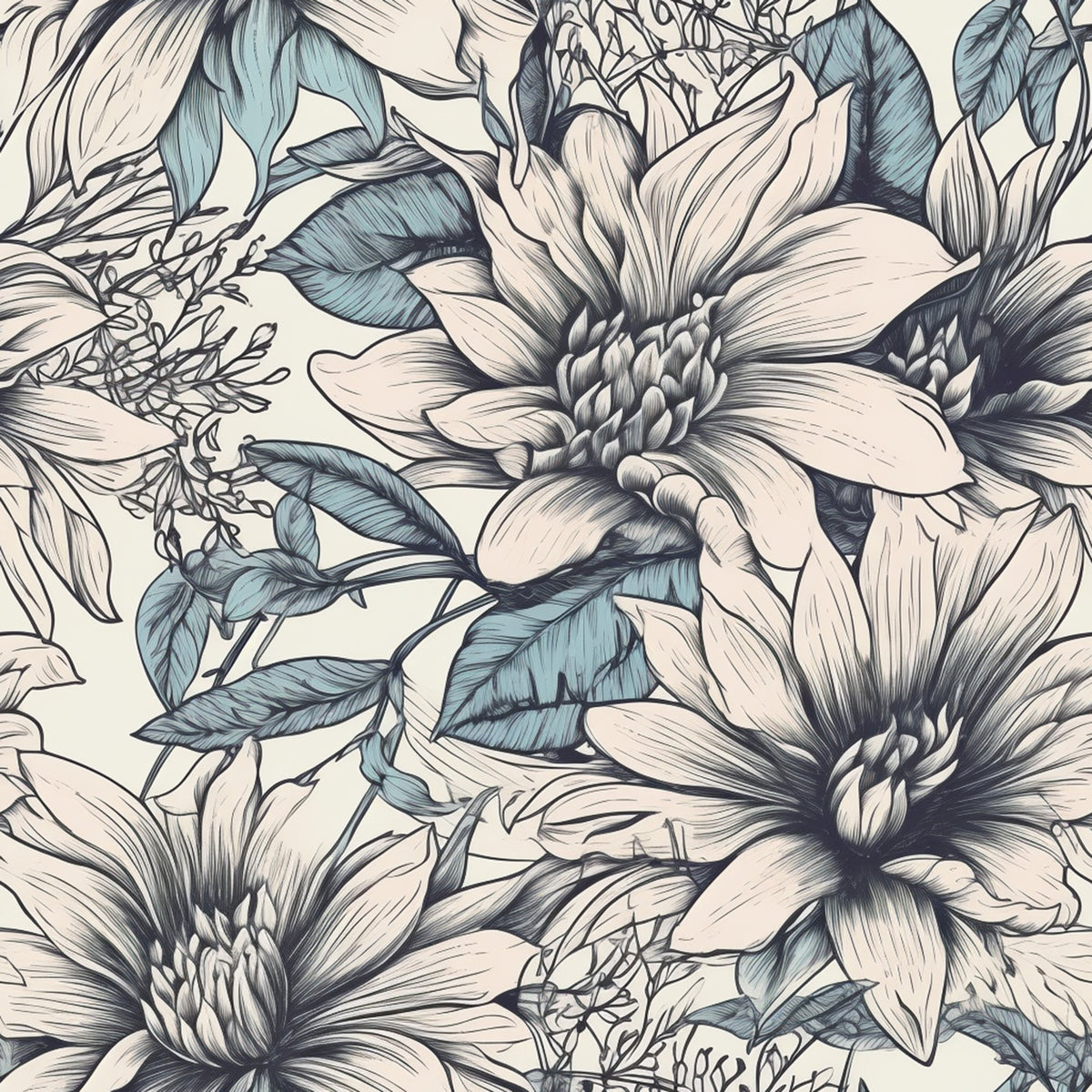Peonies Pencil Sketched Pattern 2 Quilting Cotton Fabric