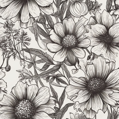 Peonies Pencil Sketched Pattern 3 Quilting Cotton Fabric