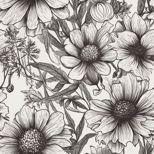 Peonies Pencil Sketched Pattern 3 Quilting Cotton Fabric