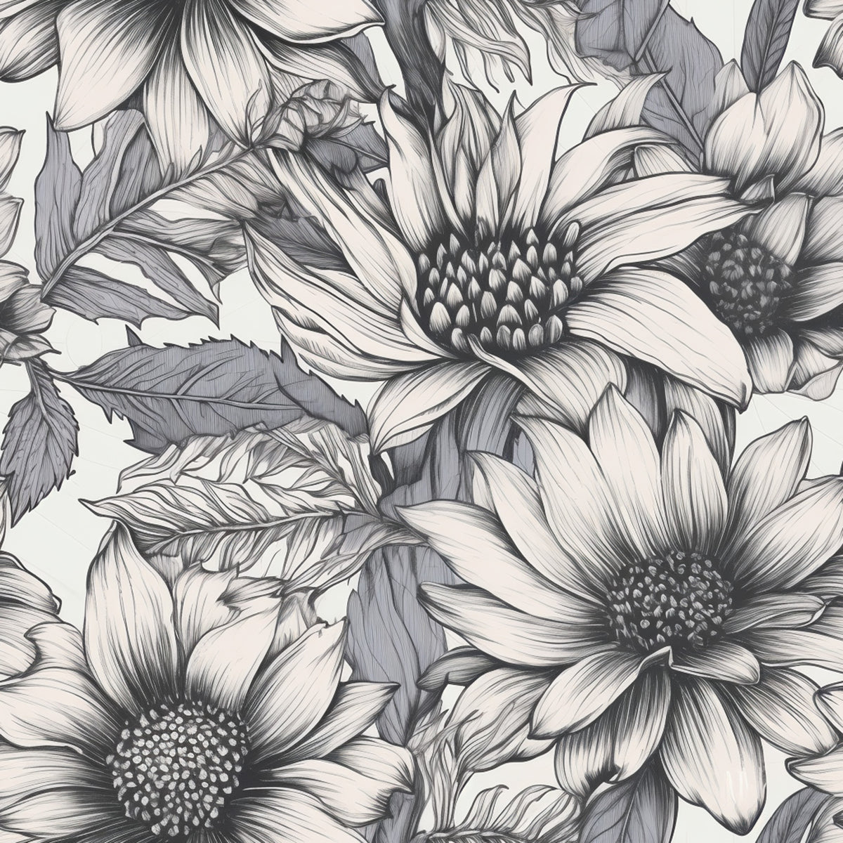 Peonies Pencil Sketched Pattern 4 Quilting Cotton Fabric
