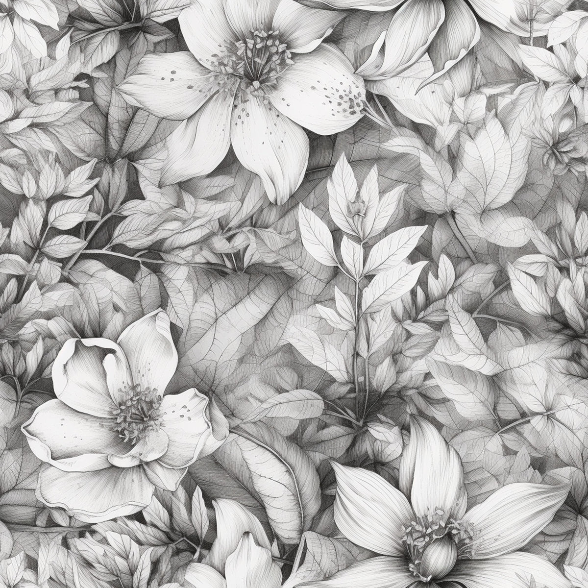 Peonies Pencil Sketched Pattern 5 Quilting Cotton Fabric