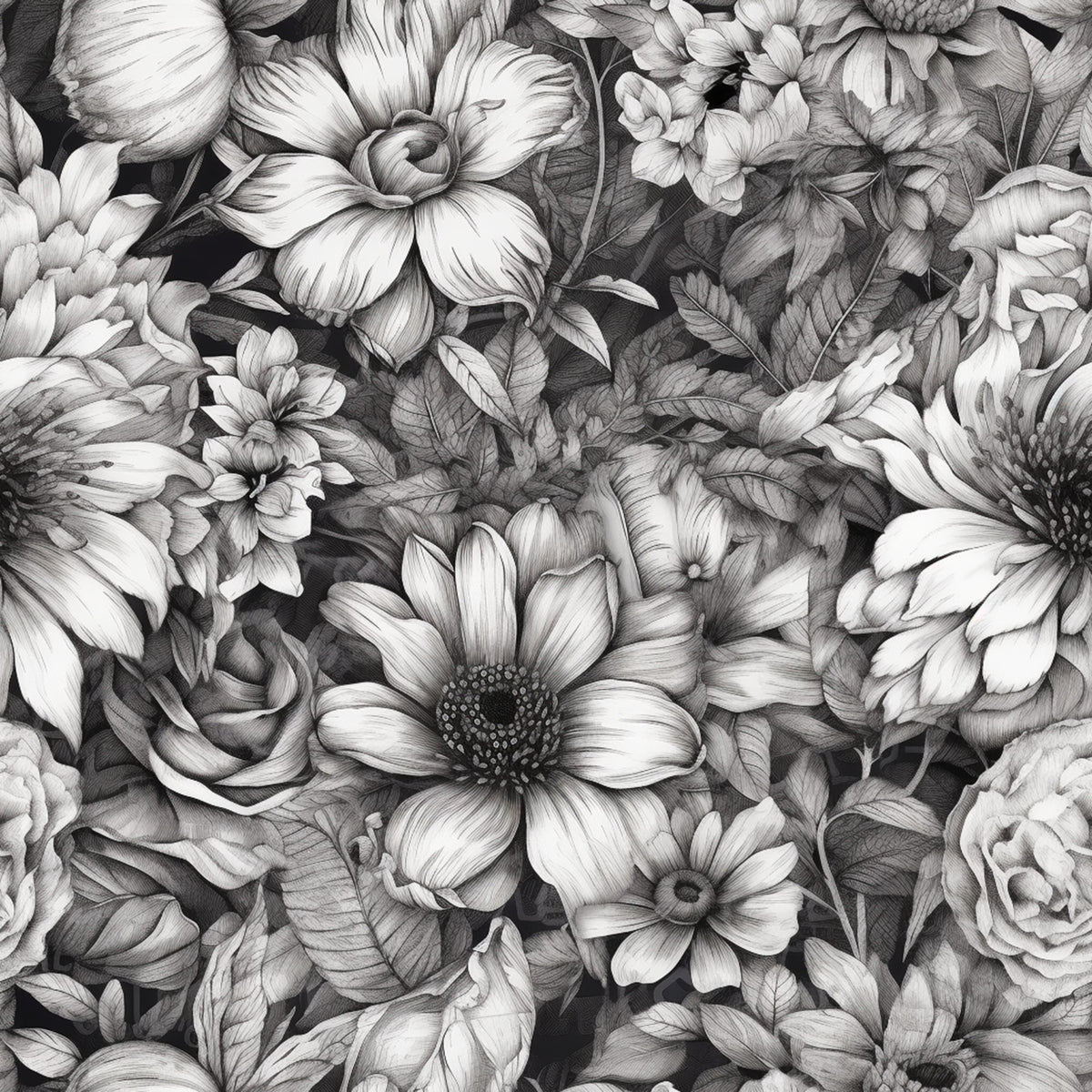 Peonies Pencil Sketched Pattern 6 Quilting Cotton Fabric