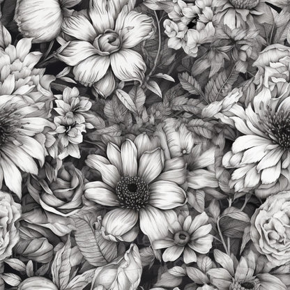Peonies Pencil Sketched Pattern 6 Quilting Cotton Fabric