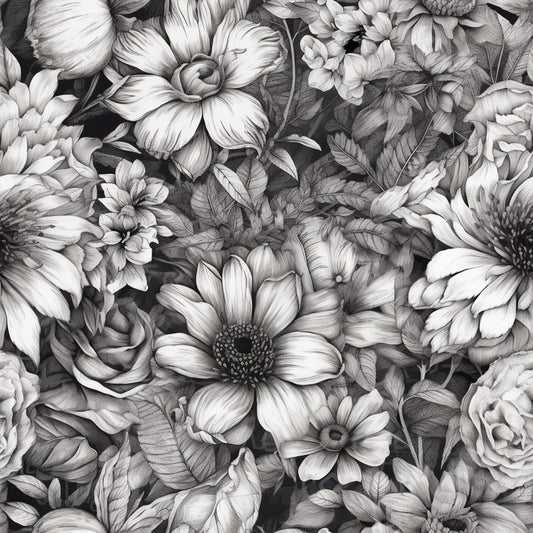 Peonies Pencil Sketched Pattern 6 Quilting Cotton Fabric