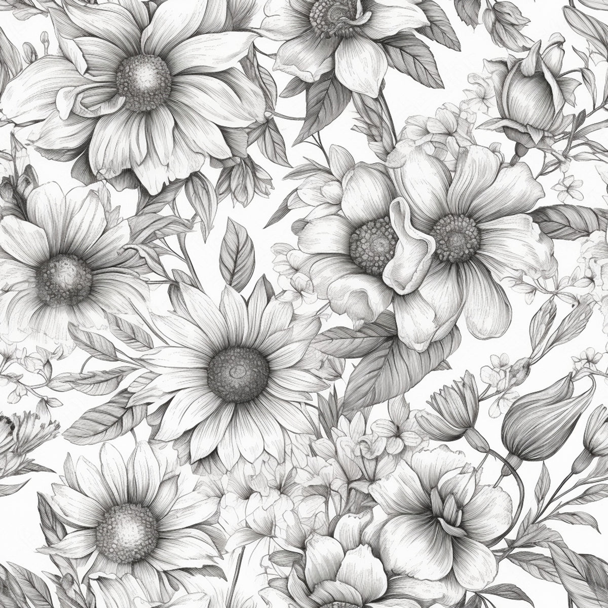 Peonies Pencil Sketched Pattern 7 Quilting Cotton Fabric