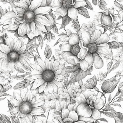 Peonies Pencil Sketched Pattern 7 Quilting Cotton Fabric