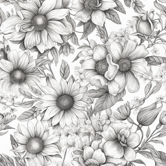 Peonies Pencil Sketched Pattern 7 Quilting Cotton Fabric