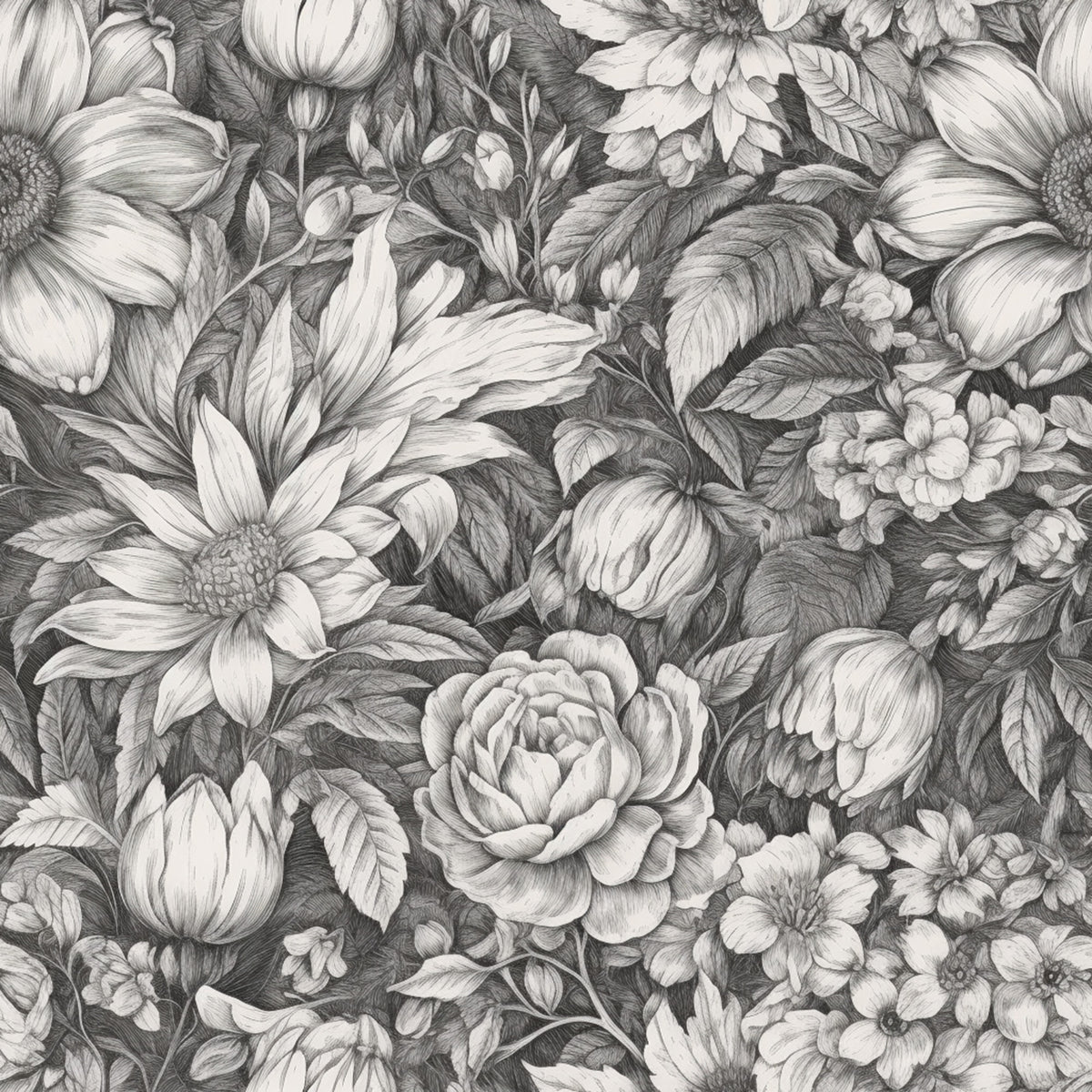 Peonies Pencil Sketched Pattern 8 Quilting Cotton Fabric