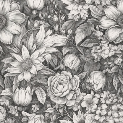 Peonies Pencil Sketched Pattern 8 Quilting Cotton Fabric