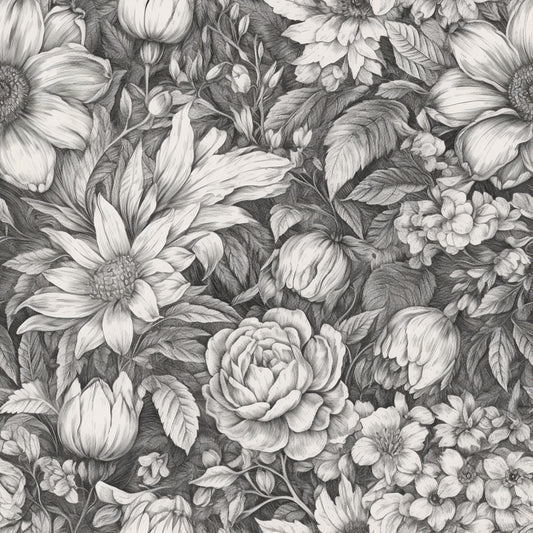 Peonies Pencil Sketched Pattern 8 Quilting Cotton Fabric
