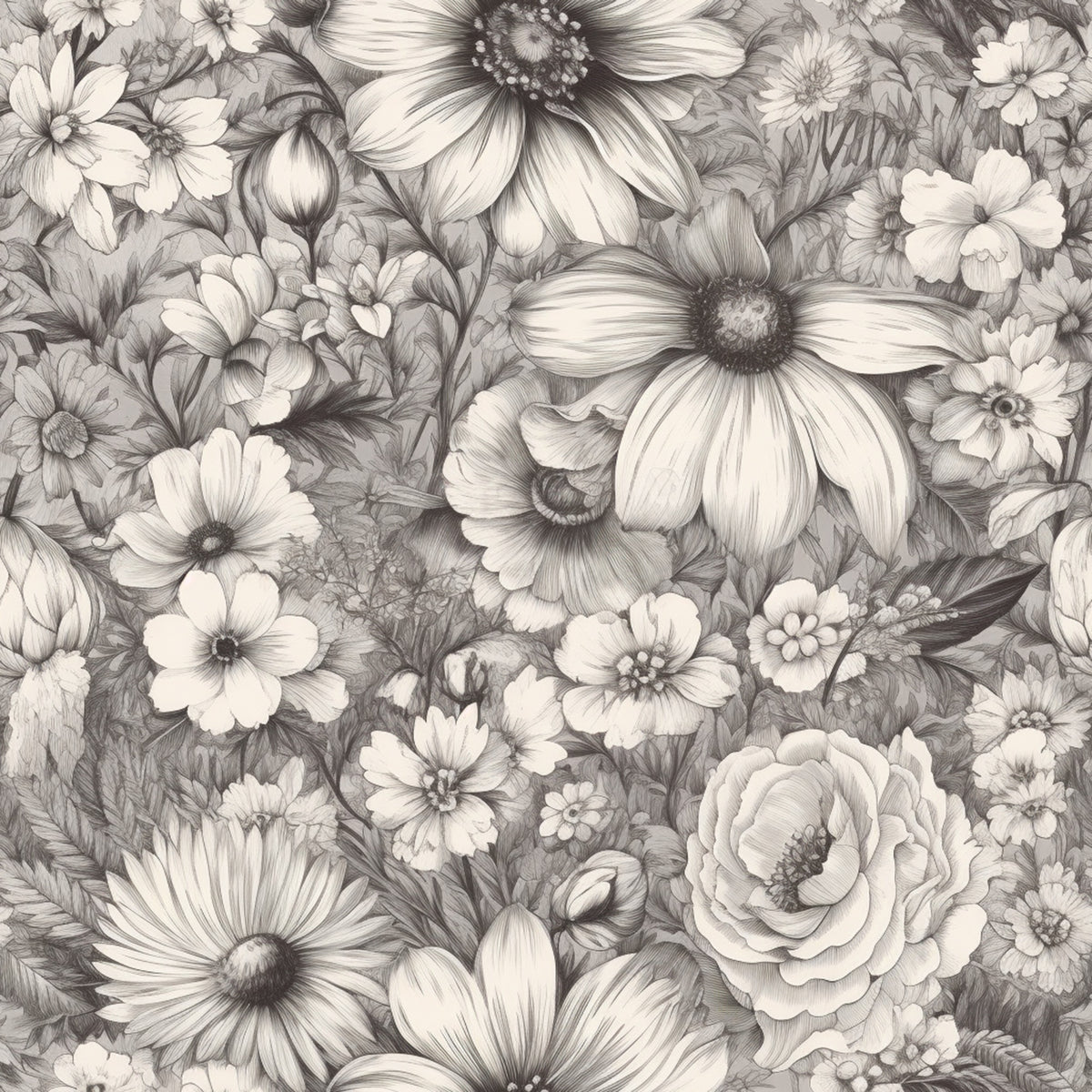 Peonies Pencil Sketched Pattern 9 Quilting Cotton Fabric