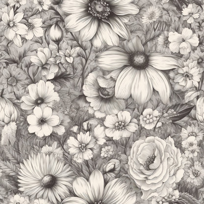 Peonies Pencil Sketched Pattern 9 Quilting Cotton Fabric