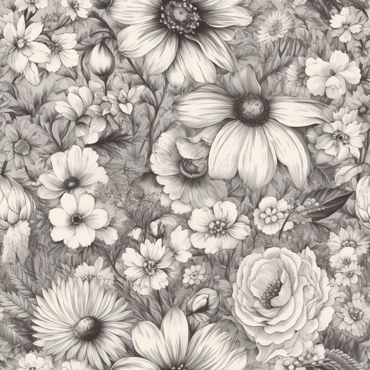 Peonies Pencil Sketched Pattern 9 Quilting Cotton Fabric