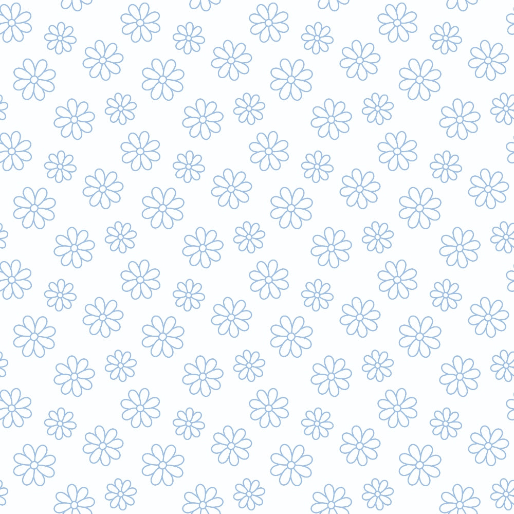 Light blue, simple floral pattern with evenly spaced, minimalist flower outlines on a white background.