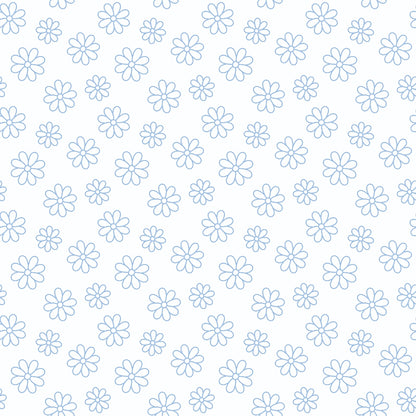 Light blue, simple floral pattern with evenly spaced, minimalist flower outlines on a white background.