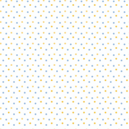 Pattern of evenly spaced blue and yellow dots on a light background.