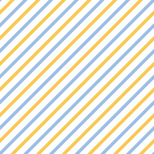 Diagonal stripes in blue, yellow, and white create a repeating pattern across the image.