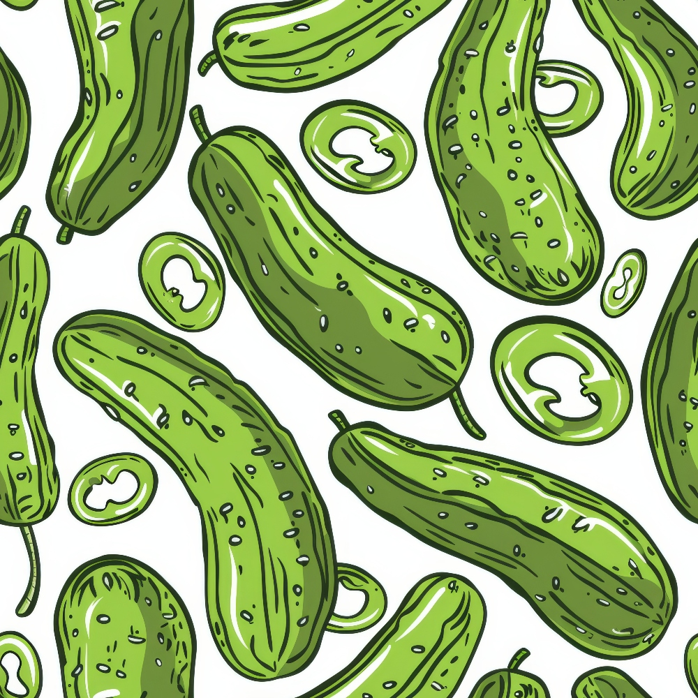 Illustration of whole cucumbers and cucumber slices arranged in a pattern on a white background.