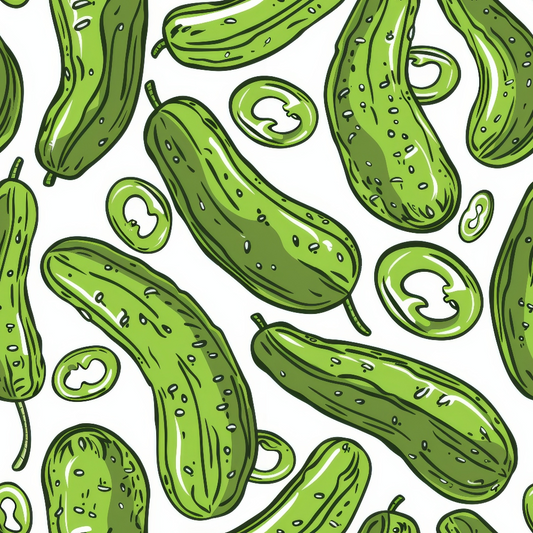 Illustration of whole cucumbers and cucumber slices arranged in a pattern on a white background.