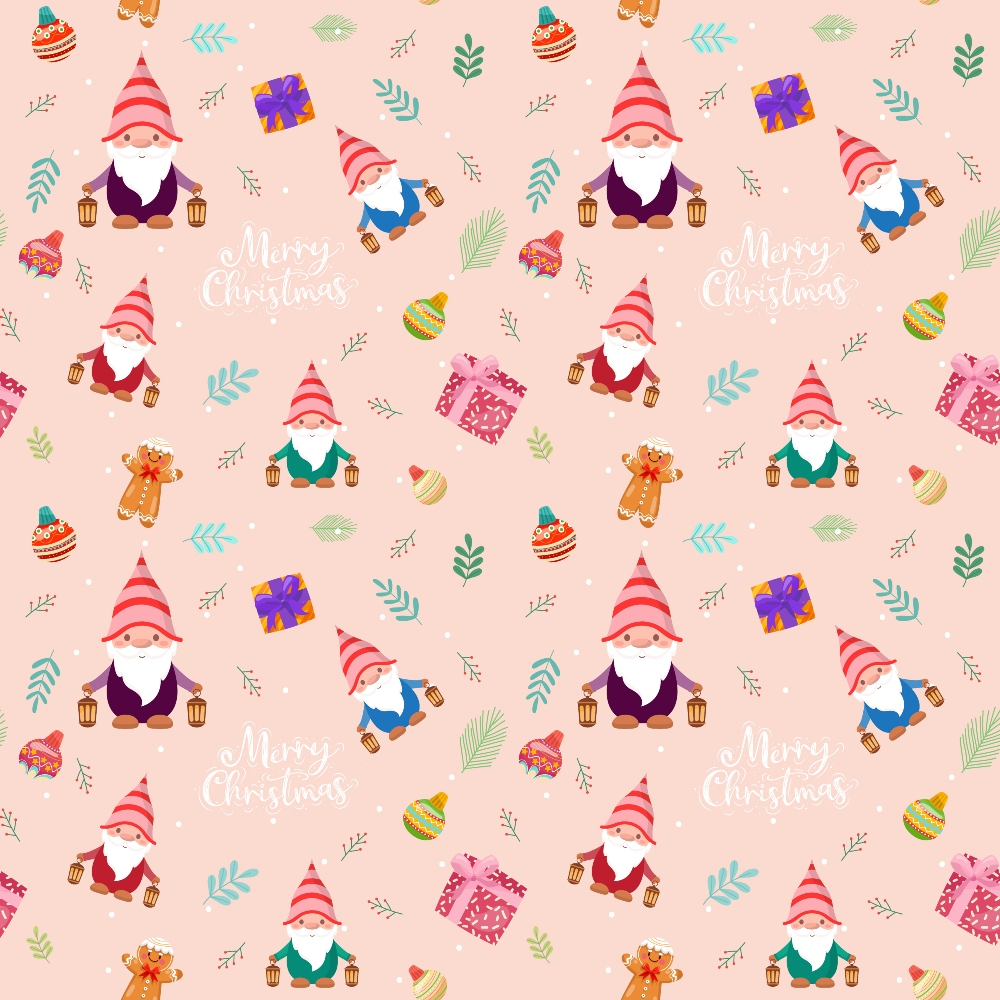 Seamless festive pattern with gnomes, gifts, candy canes, snowflakes, and Merry Christmas text on a pink background.