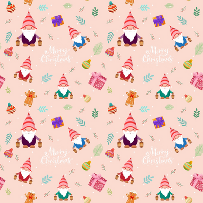 Seamless festive pattern with gnomes, gifts, candy canes, snowflakes, and Merry Christmas text on a pink background.