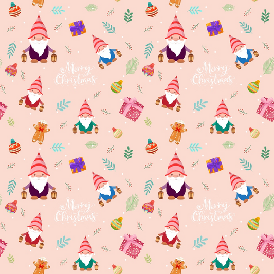 Seamless festive pattern with gnomes, gifts, candy canes, snowflakes, and Merry Christmas text on a pink background.