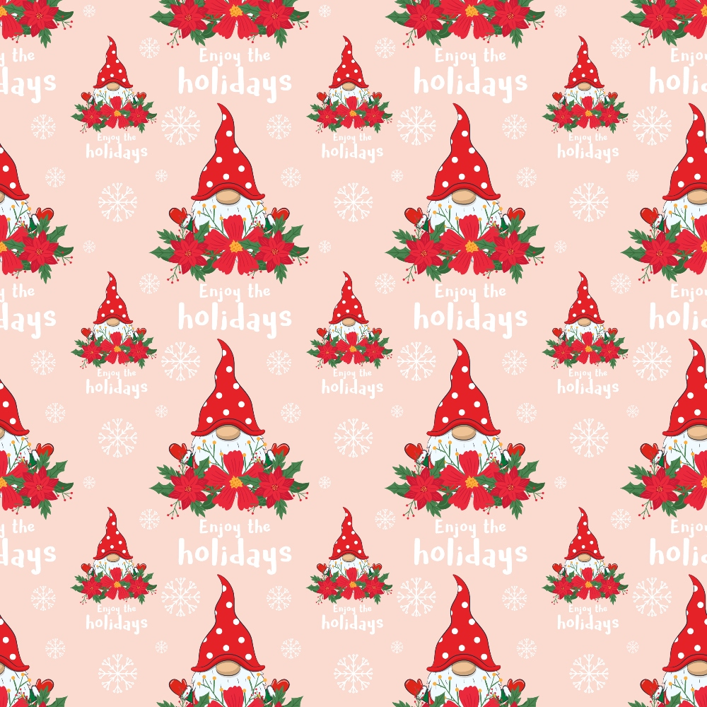 Repeating pattern of a gnome in a red hat, surrounded by poinsettias and holly, with the text Enjoy the holidays and snowflakes on a light pink background.