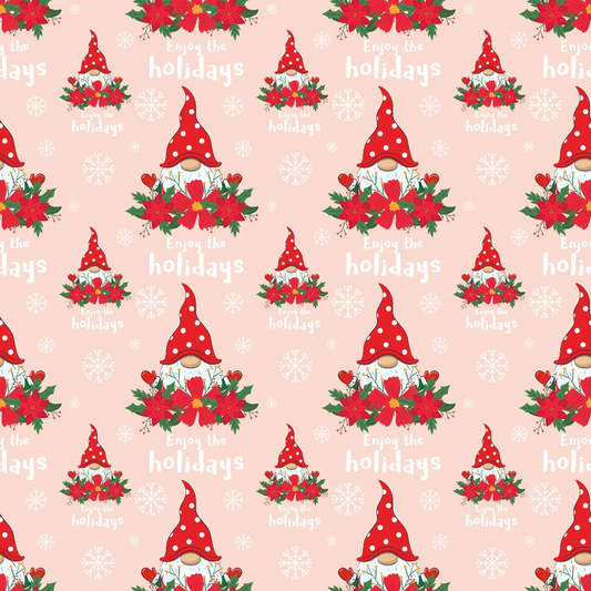 Repeating pattern of a gnome in a red hat, surrounded by poinsettias and holly, with the text Enjoy the holidays and snowflakes on a light pink background.