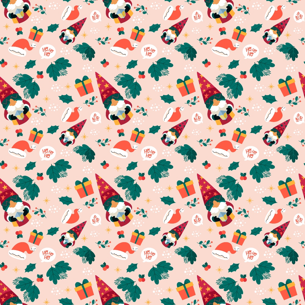 Festive pattern with Santa hats, gnomes, presents, holly leaves, and stars on a light pink background.